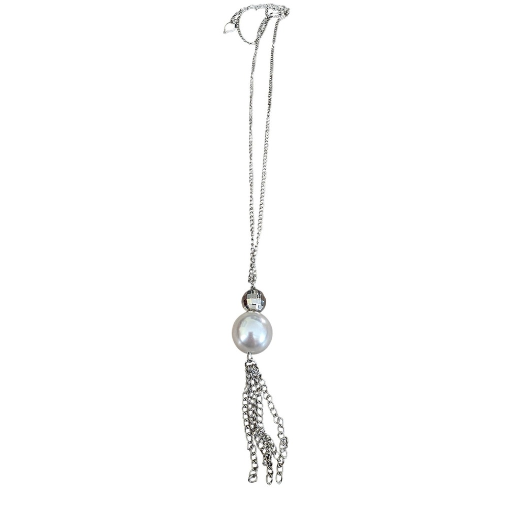 Giant Faux Pearl Silver Tone Tassel Pendant Necklace Dangle Chain Layered‎ Drop